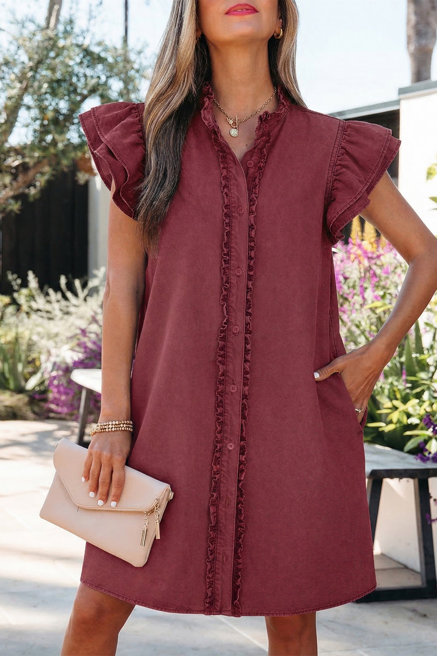 Myosotis Frilled Detail Button Down Ruffle Short Sleeve Denim Mini Dress