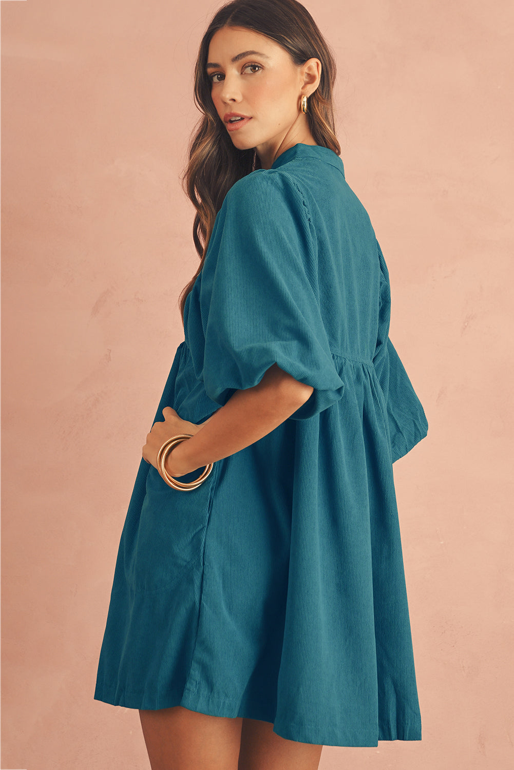 Gold Flame Light Snap Button Empire Waist Lantern Sleeve Corduroy Dress