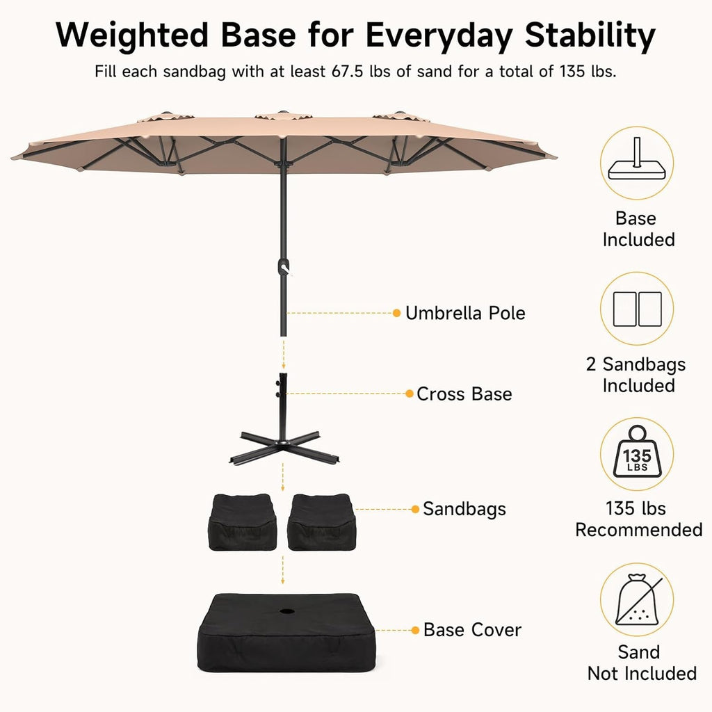 Fifteen Foot Beige Patio Umbrella With Deluxe Crank