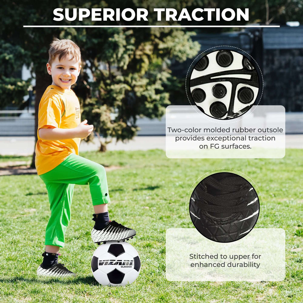 Kids Firm Ground Soccer Cleats – Black/White/Silver Vizari Sports