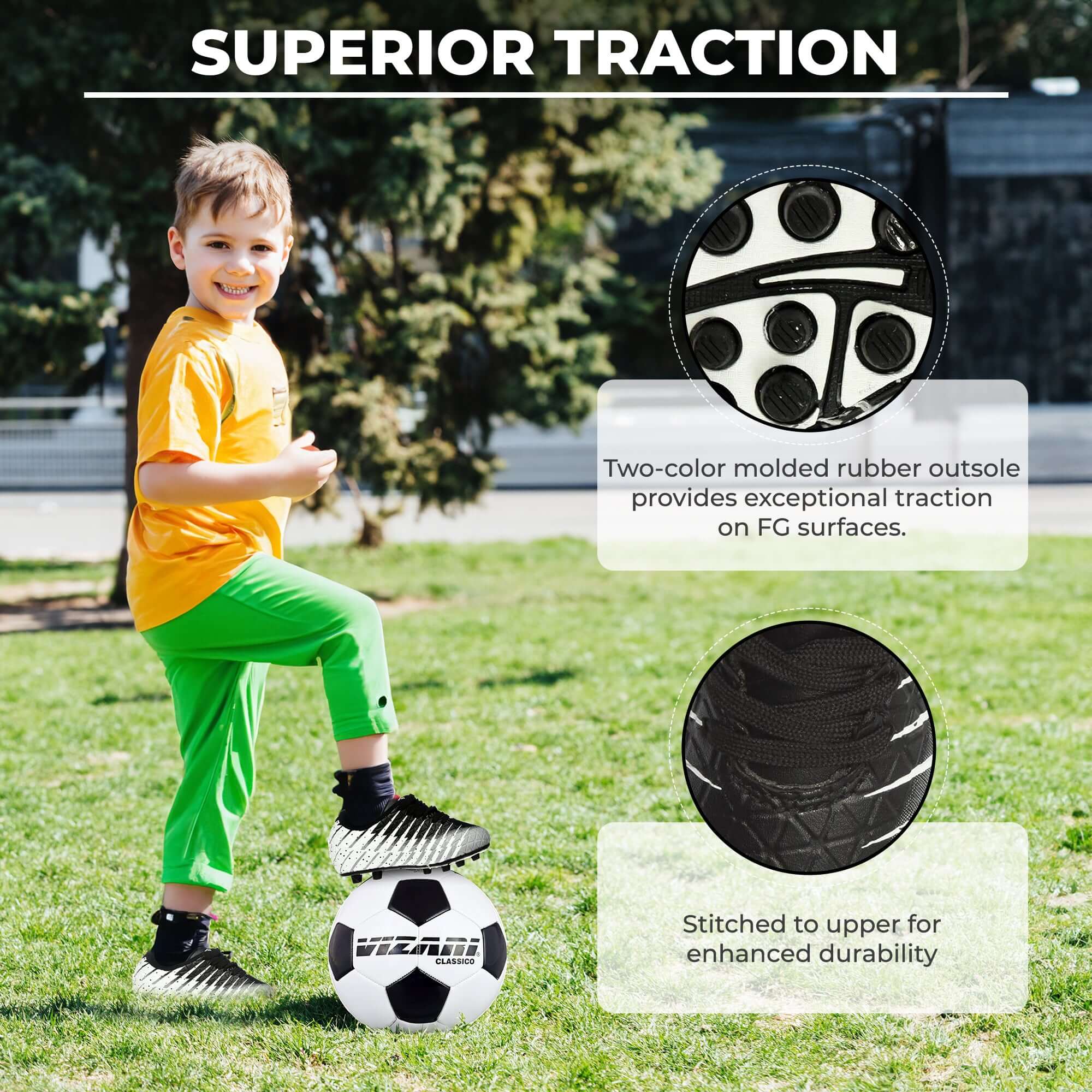 Kids Firm Ground Soccer Cleats – Black/White/Silver Vizari Sports