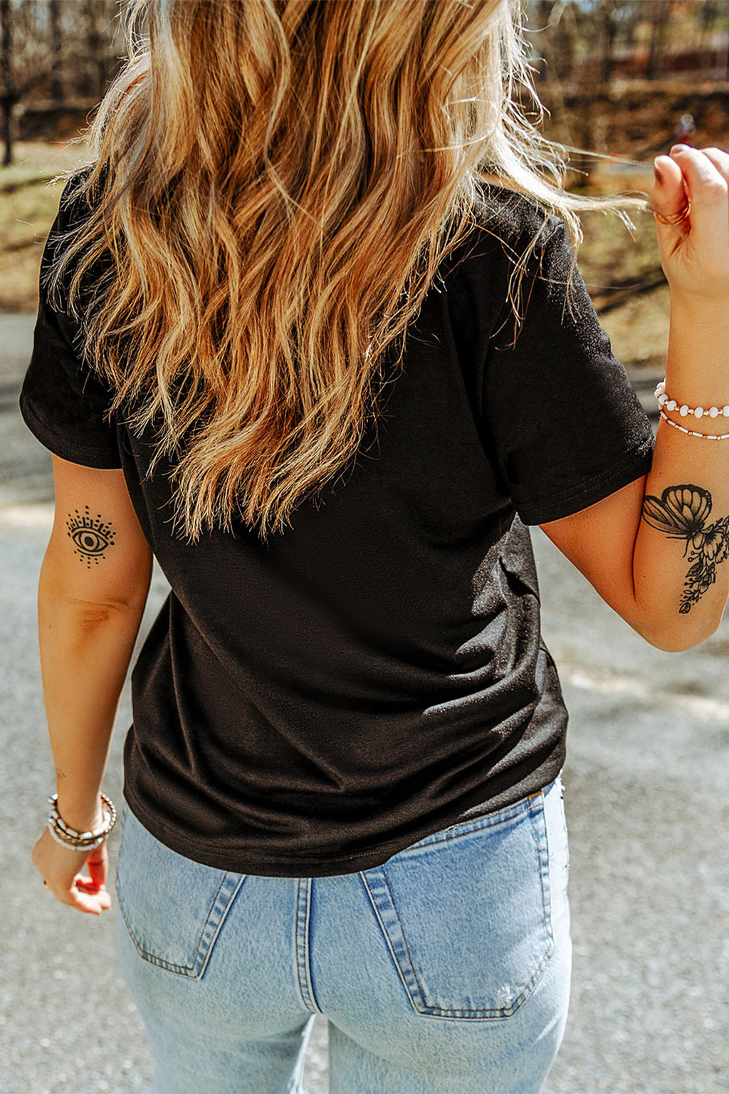 Black Cute Bow Knot Clover Printed Womens Casual Tee