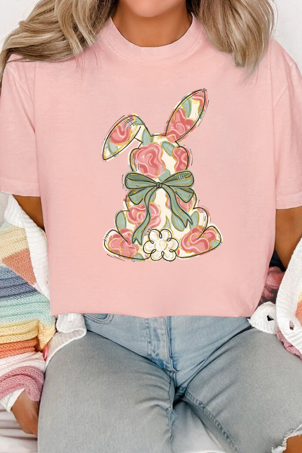 Pink Whimsical Floral Rabbit Easter Graphic Tee