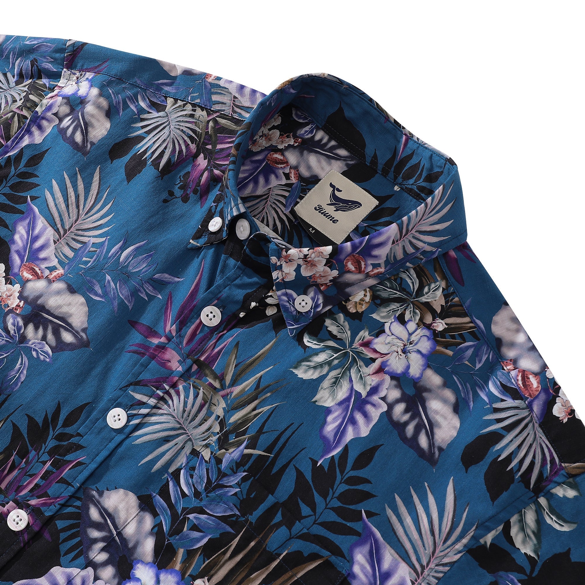 Dark Blue Hand Painted Orchid Floral Print 100% Cotton Button-down Shirt By Amy