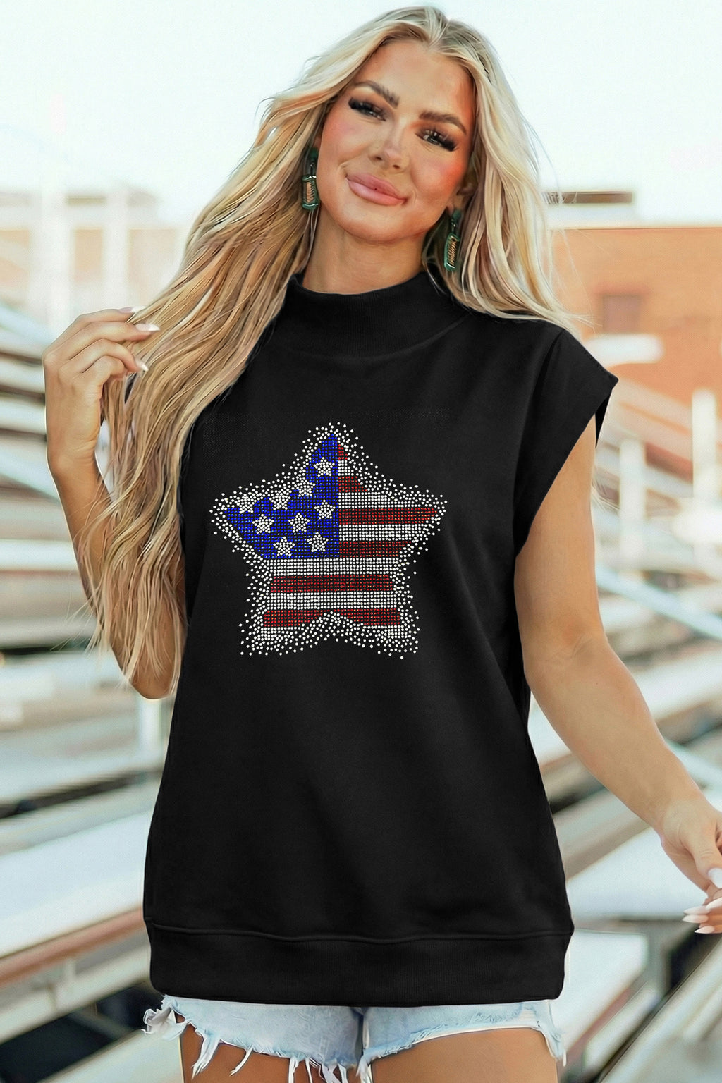 Black Patriotic Rhinestone Star High Neck Short Sleeve Top