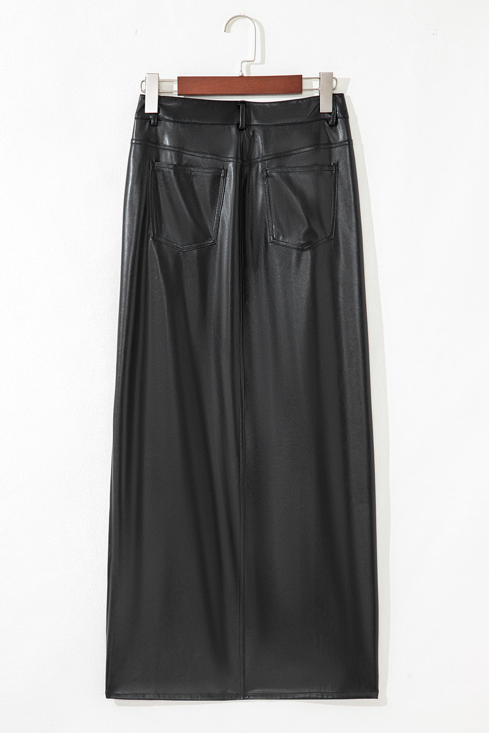 Black Faux Leather Side Slit Maxi Skirt Shewin