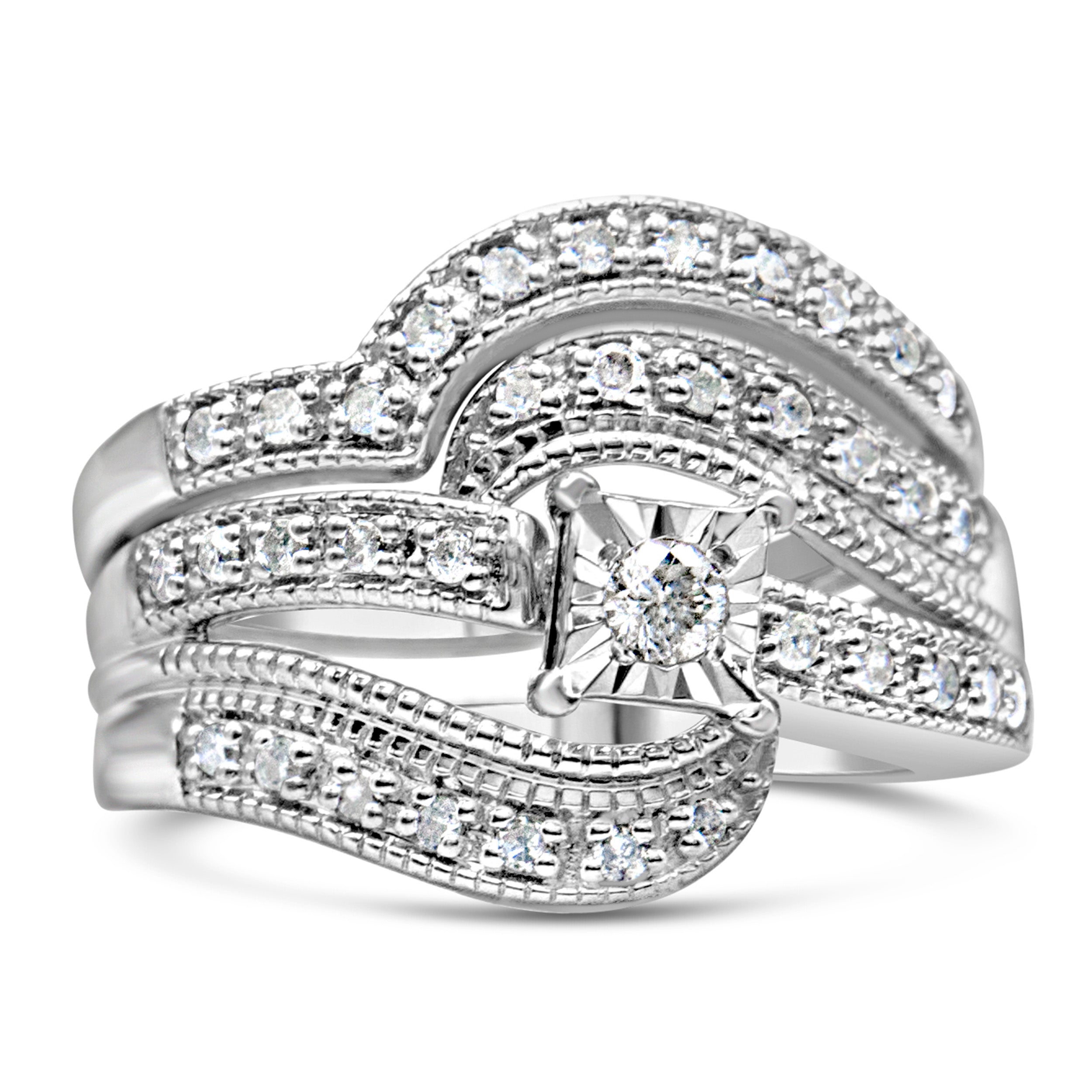 .925 Sterling Silver 1/3 Cttw Round Diamond Crisscross Engagement Ring Bridal Set (H-I Color, I1-I2 Clarity ) - Size 7 Bids.com
