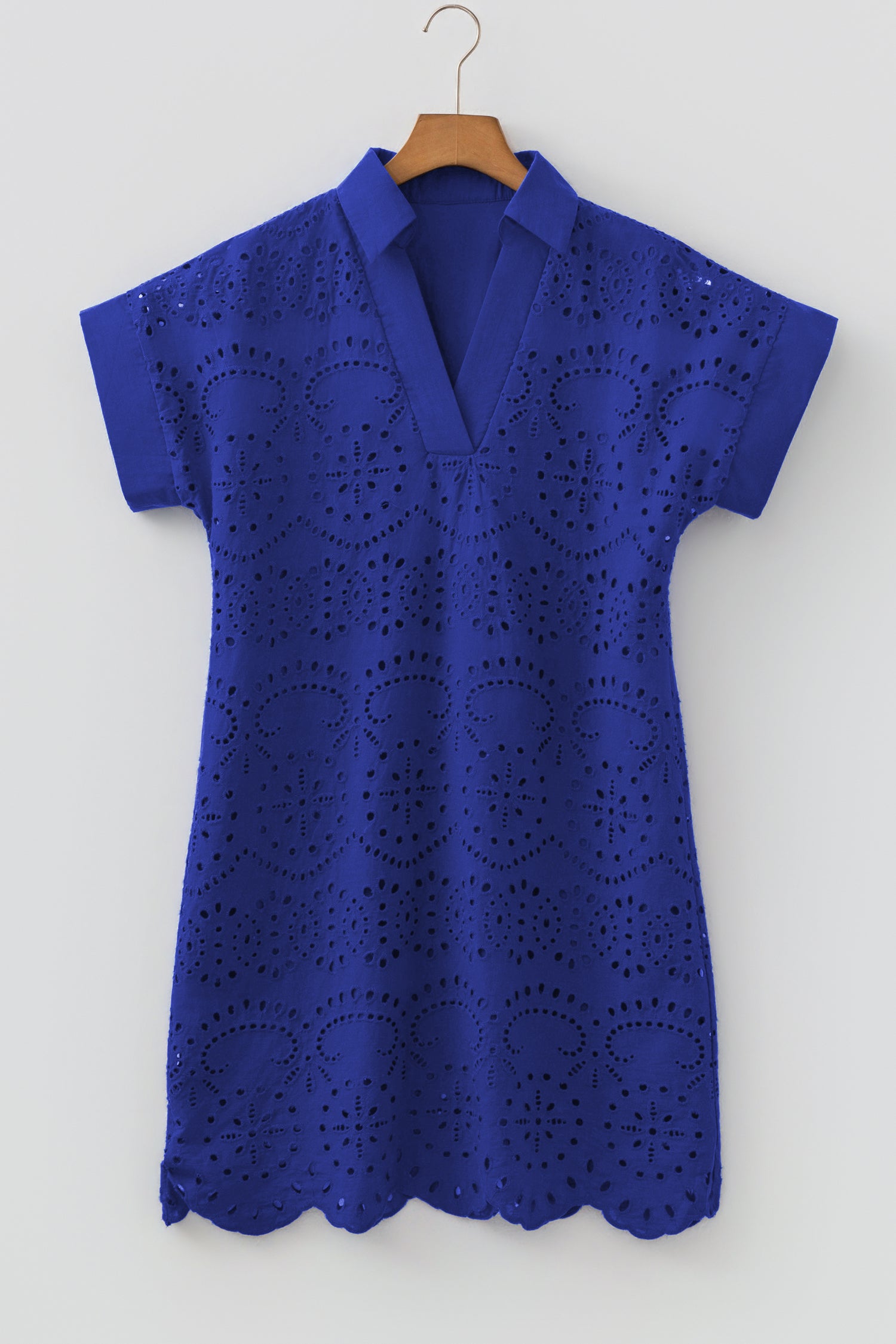 Green Solid Color Eyelet Embroidered T Shirt Mini Dress
