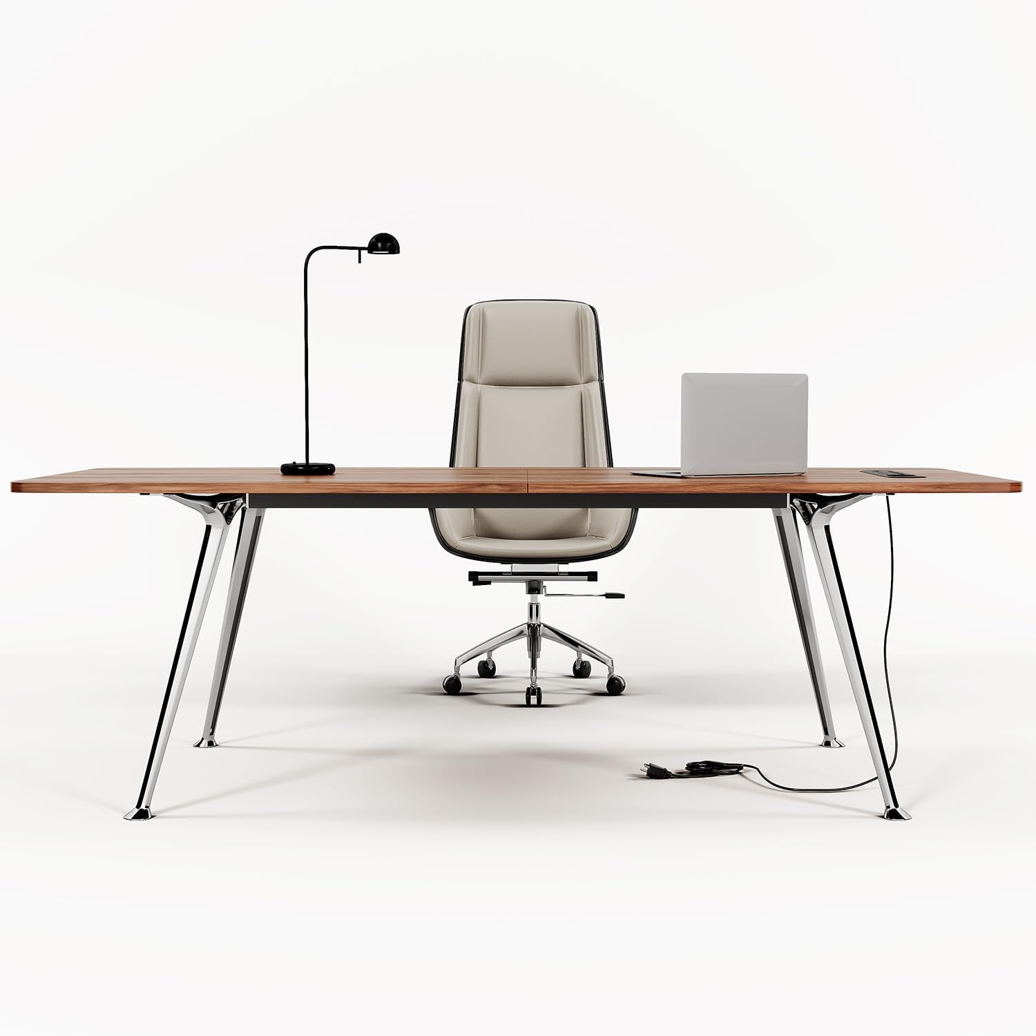 60 Inch Writing Computer Desk With Chrome Legs And Built In Power Outlet