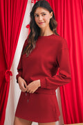 Racing Red Solid Color Drop Shoulder Pullover Drawstring Mini Skirt Set
