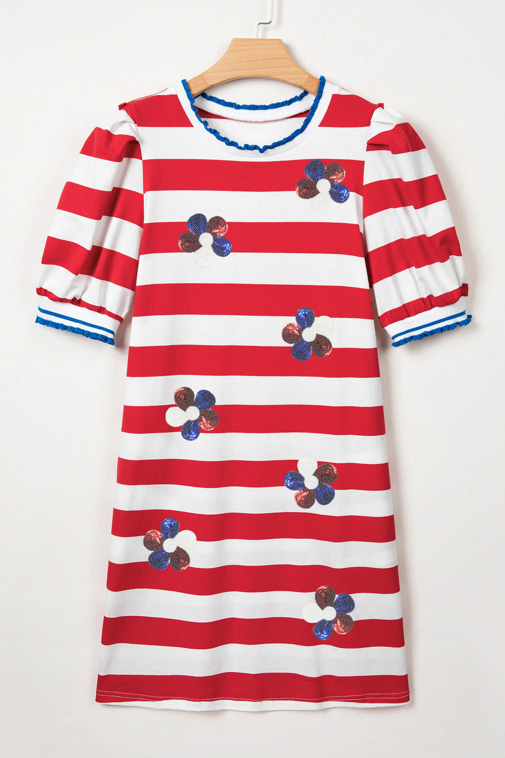 Red Stripe Patriotic Sequin Flowers Short Puff Sleeve T Shirt Shift Dress