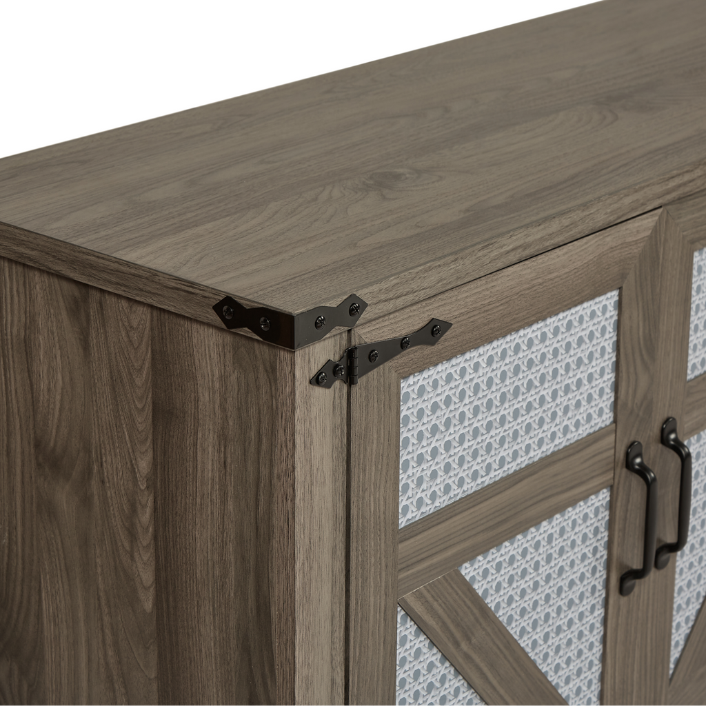 65-Inch Slate Gray Faux Rattan Sideboard with Barn Doors Rustic Sideboard, 4-Door Storage for Living Room, Entryway, Bedroom