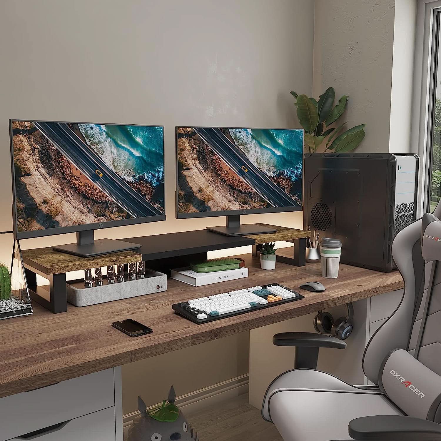 Dual Monitor Stand Riser Wood And Steel For Two Monitors