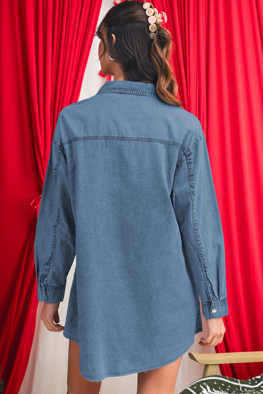 Blue Chest Pocket Raw Hem Denim Loose Shirt Dress