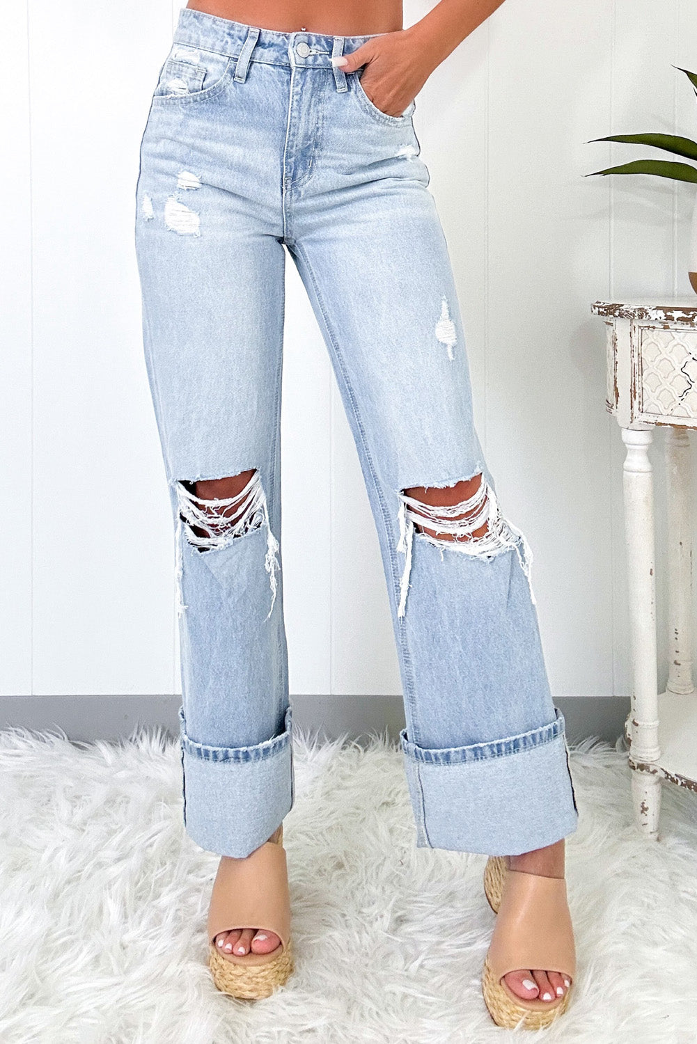 Beau Blue Light Wash Distressed Flare Jeans Shewin