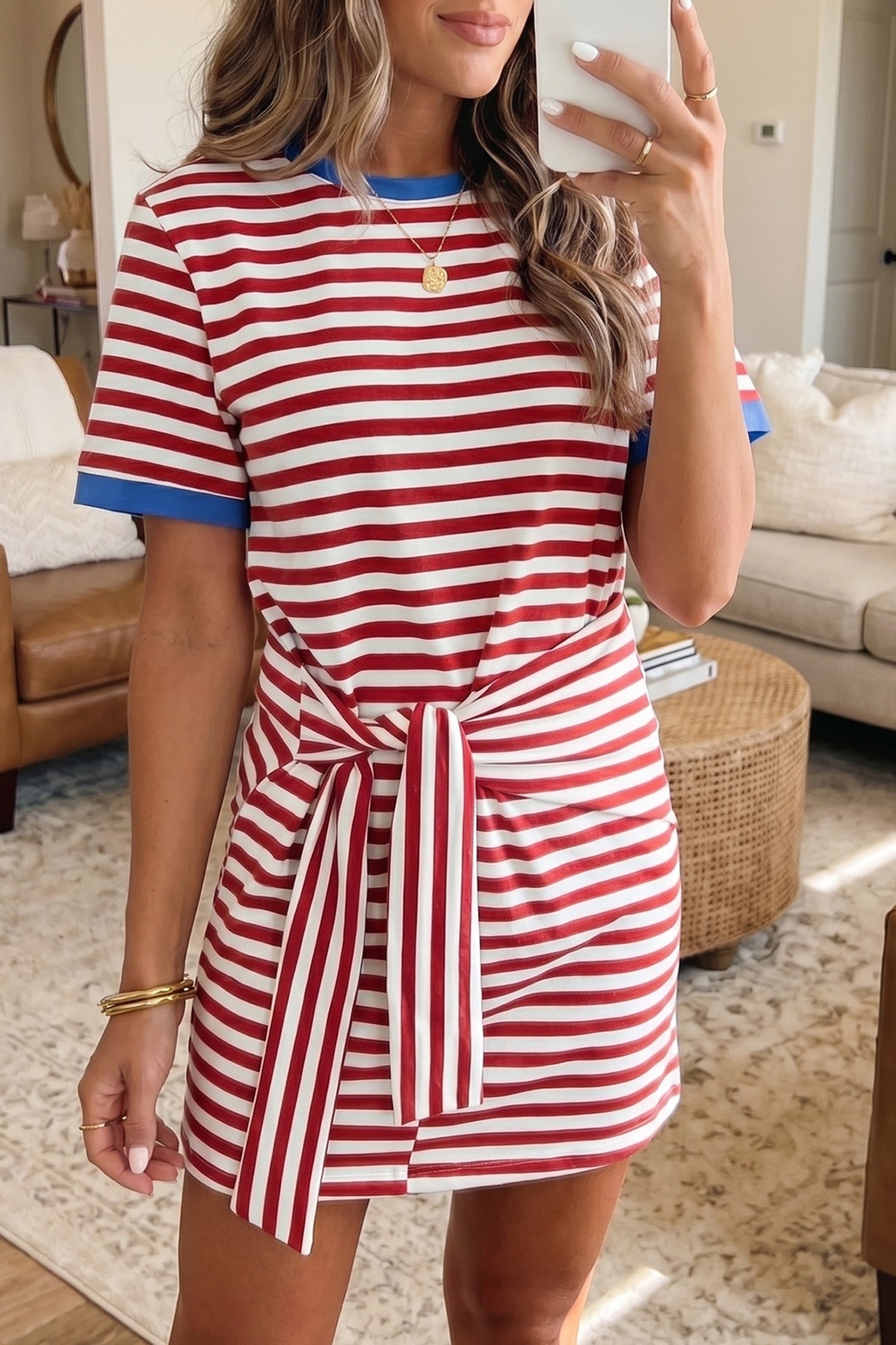 Sky Blue Stripe Nautical Tie Contrast Trim Round Neck T Shirt Mini Dress Shewin