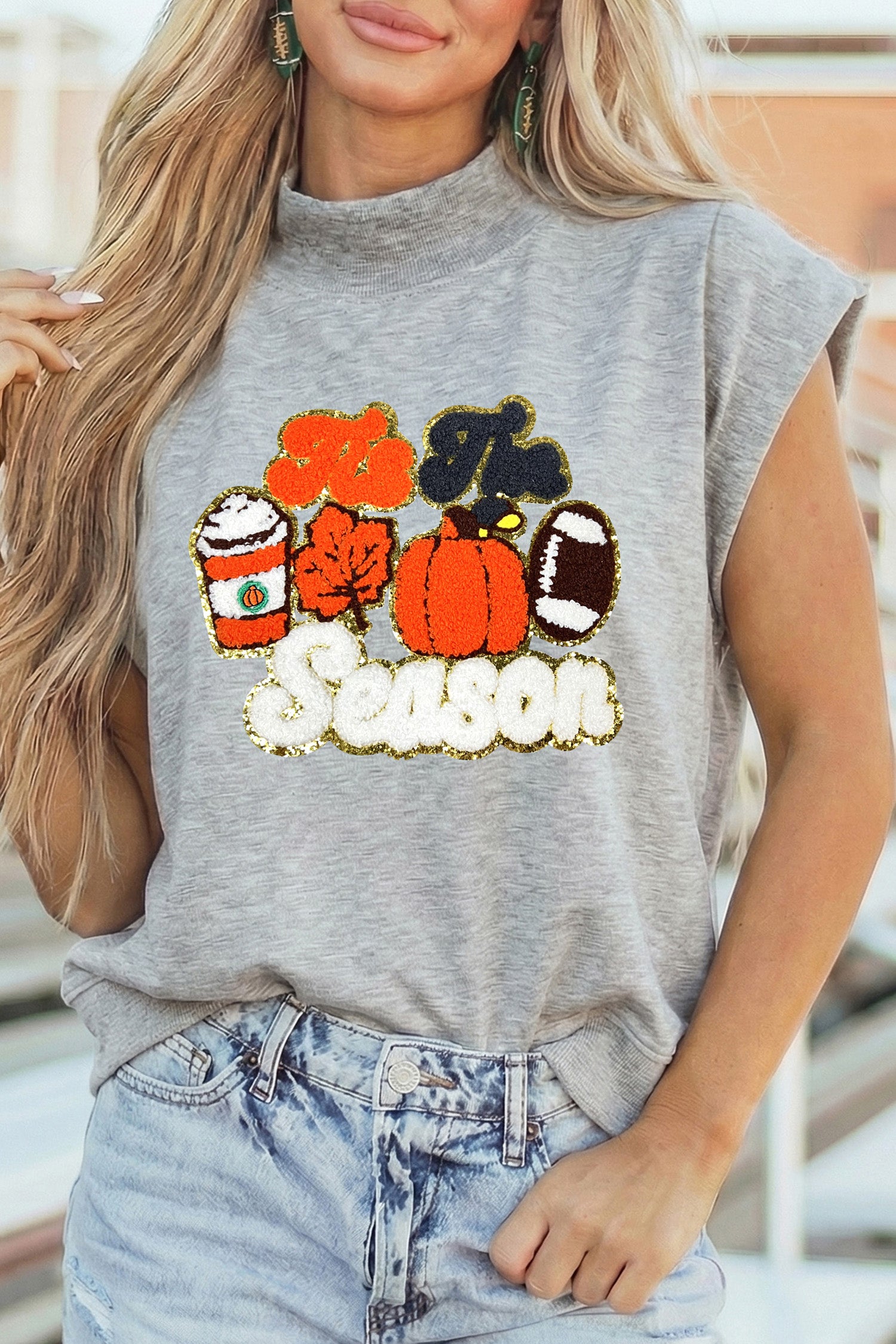 Light Grey Tis The Season Chenille Patched Graphic High Neck Short Sleeve Top