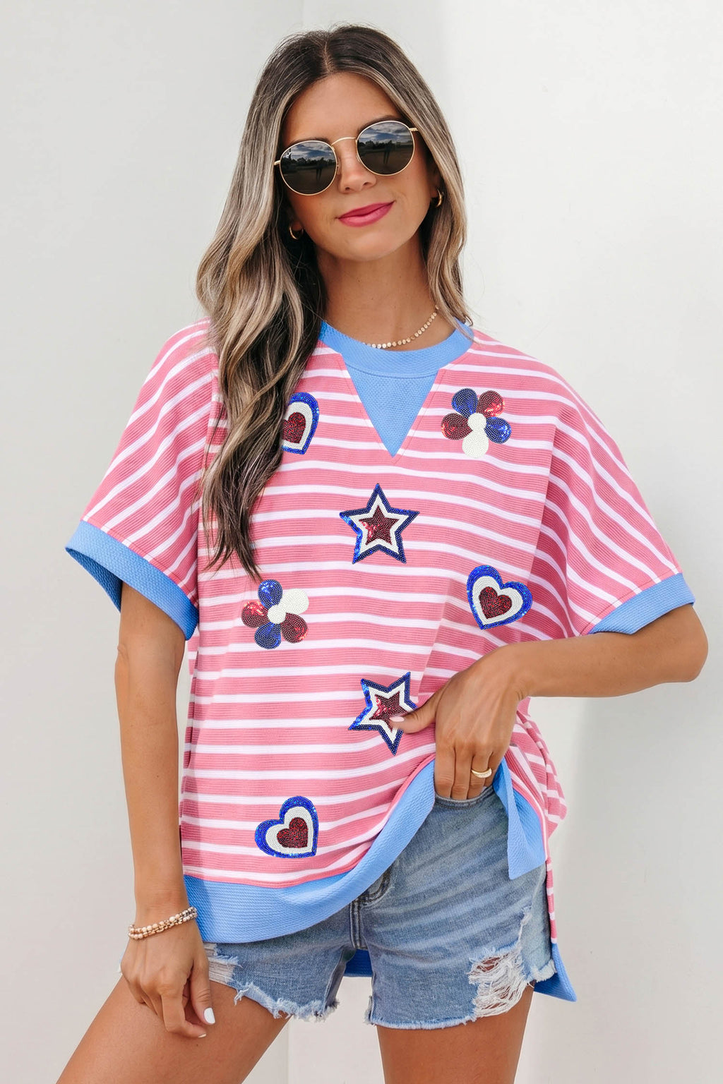 Pink Stripe Patriotic Sequin Patch Short Sleeve Loose Top