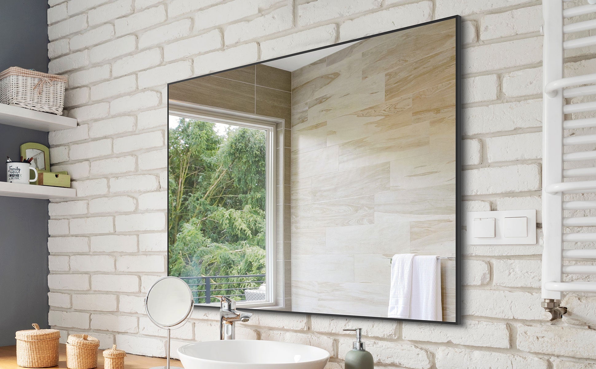 36x24 inch modern black bathroom mirror with aluminum frame decorative wall mirror suitable for living room, bedroom
