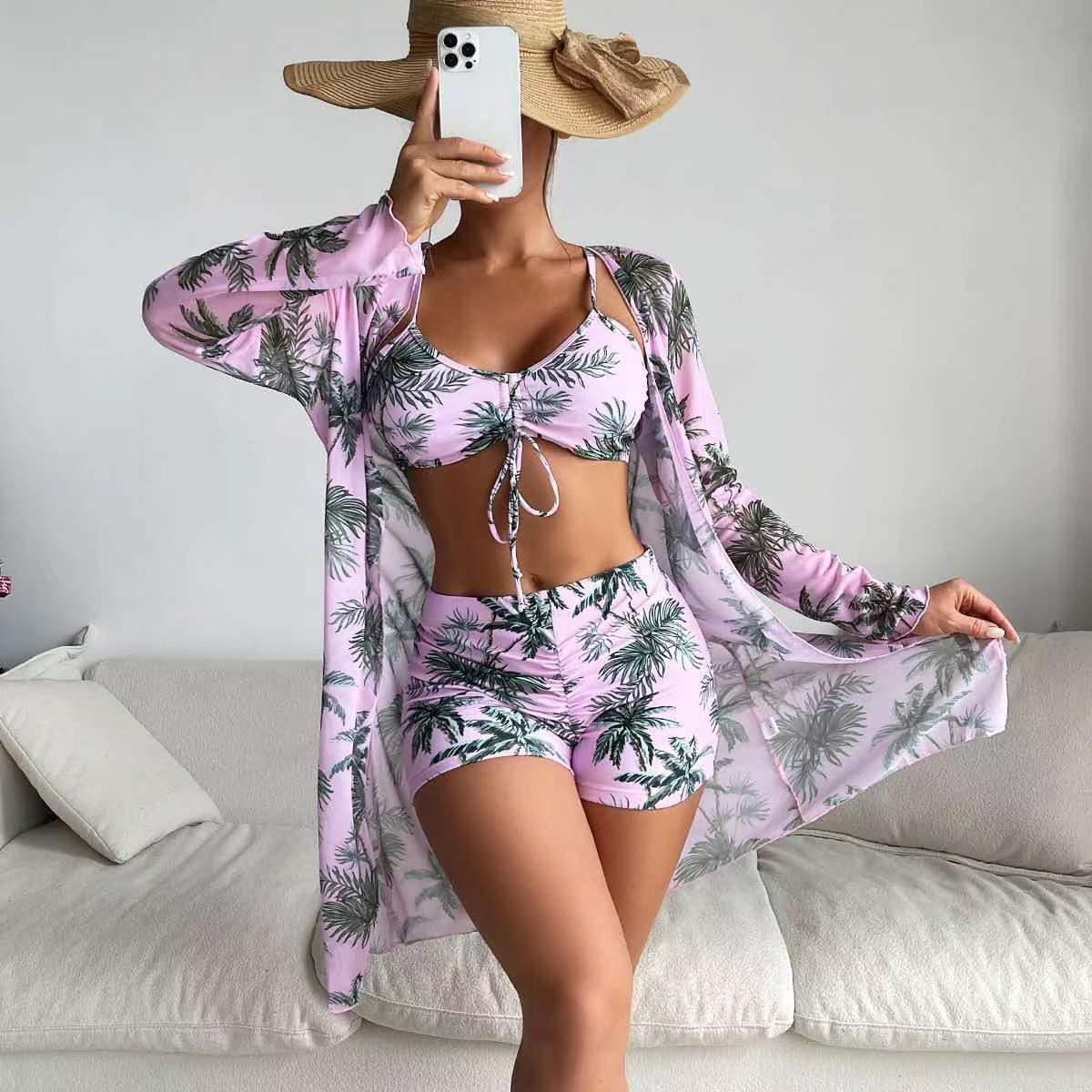 Mesh Cover-Up Three-Piece Swimwear Set – Bikini with Leg-Length Briefs FitiqueFit