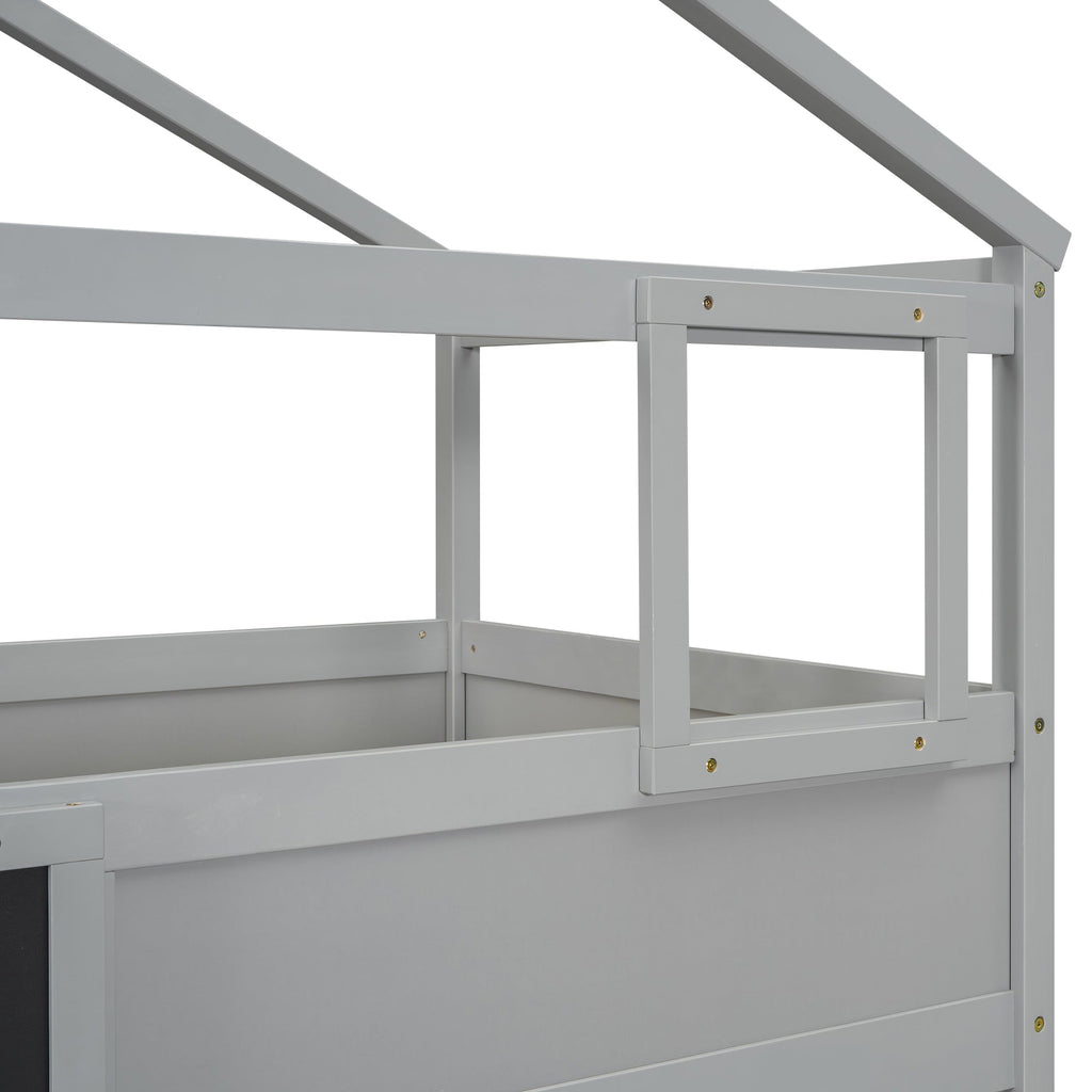 Twin over Full House Bunk Bed with Storage Staircase and Blackboard Gray