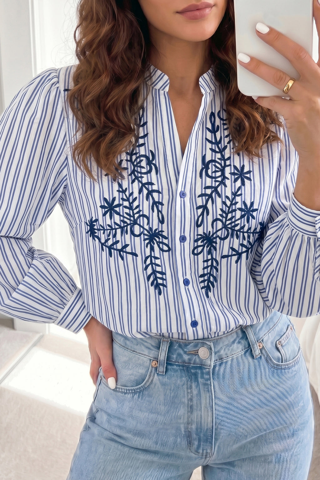 Blue Stripe Embroidered Detail Button Front Long Sleeve Shirt