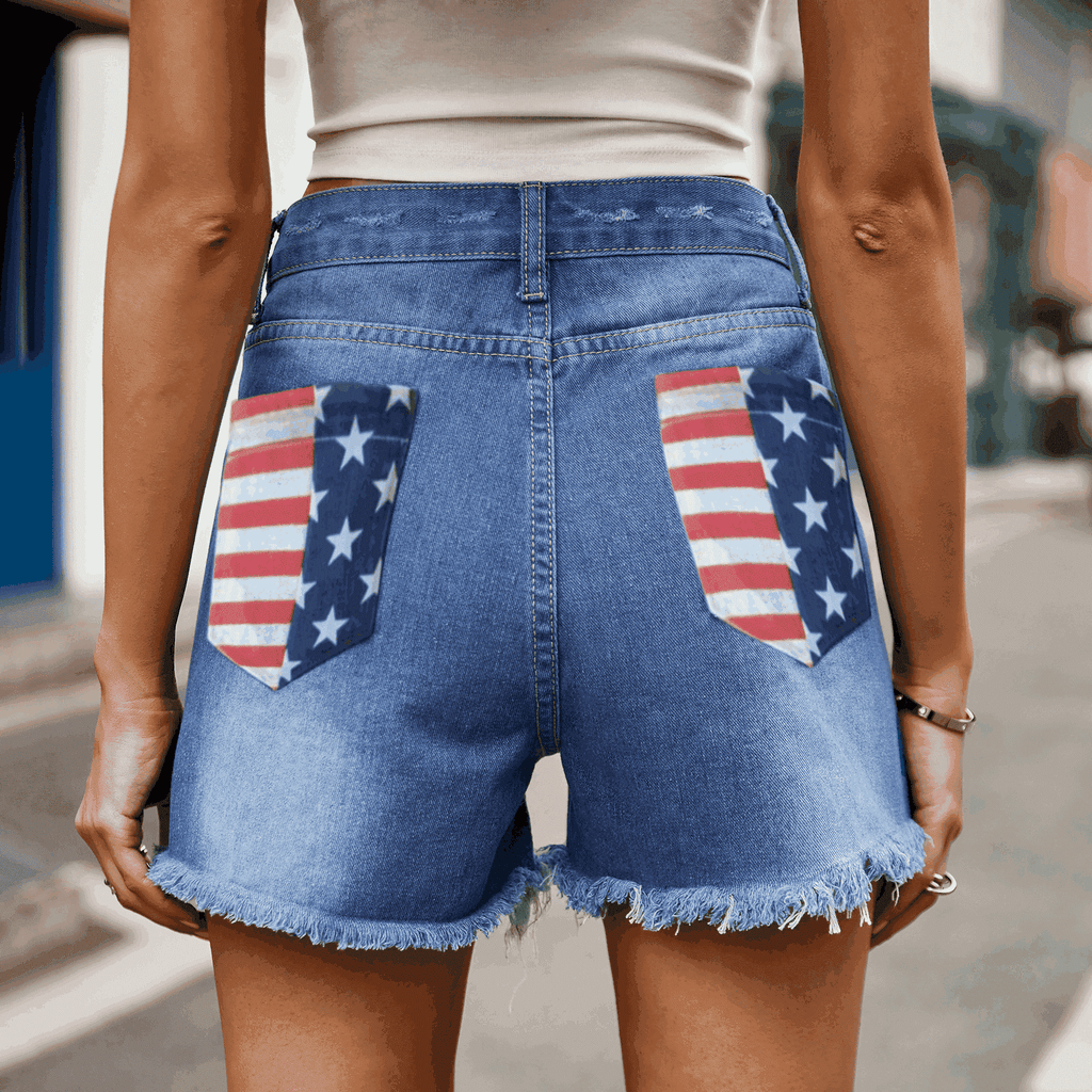 US Flag Distressed Denim Shorts with Frayed Hem