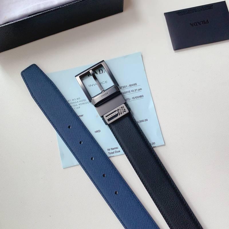 Prada Leather Reversible Belt With Triple Buckles 'Black/Blue' Banlieue91