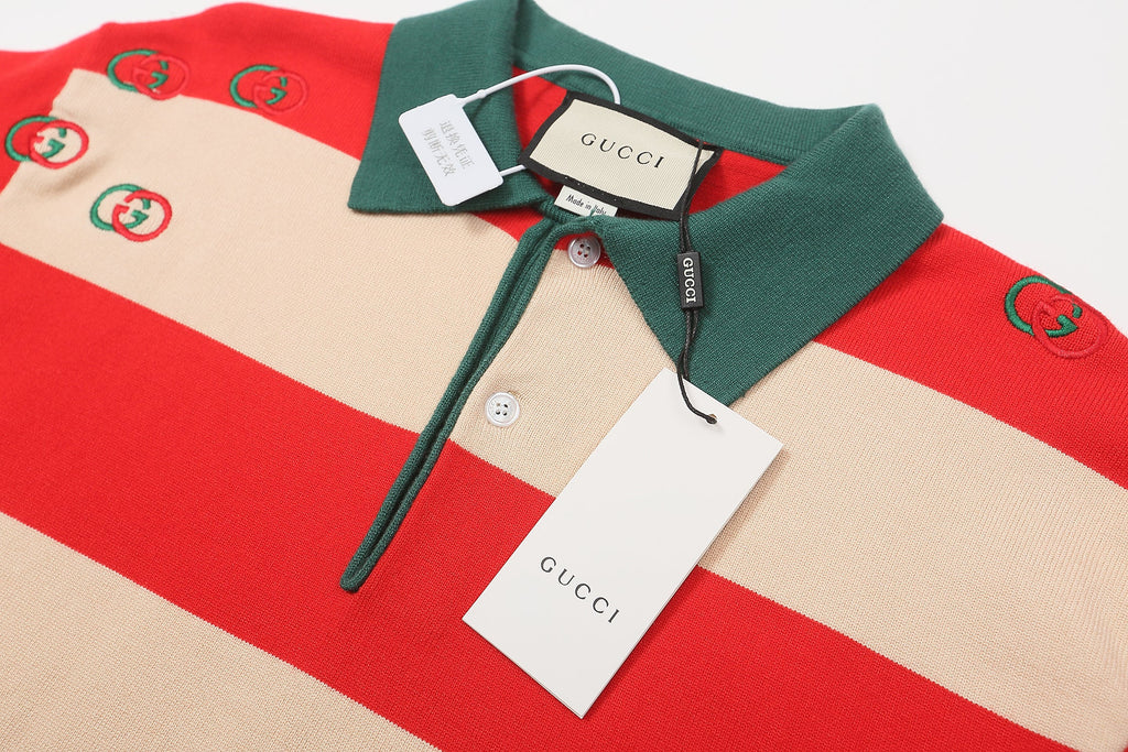 GUCCI Long sleeve polo shirt Interlocking G Knit Cream Red Green mens Banlieue91