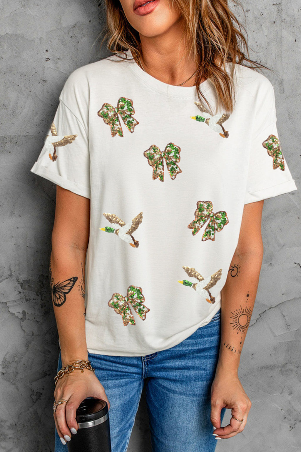 White Sequin Mallard Bow Pattern Relaxed Graphic Tee
