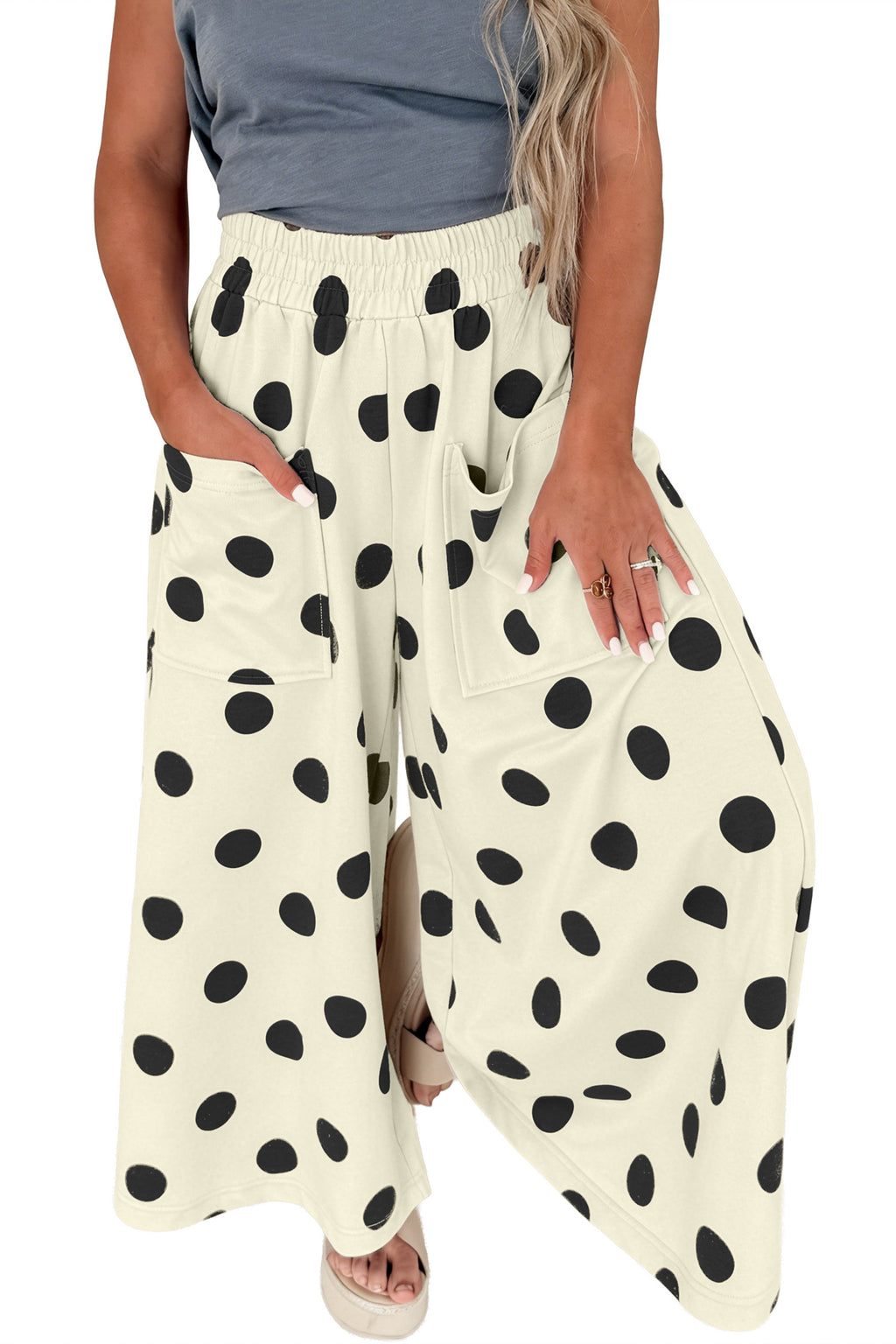 Sky Blue Polka Dot Wide Leg Elastic Waist Casual Pants