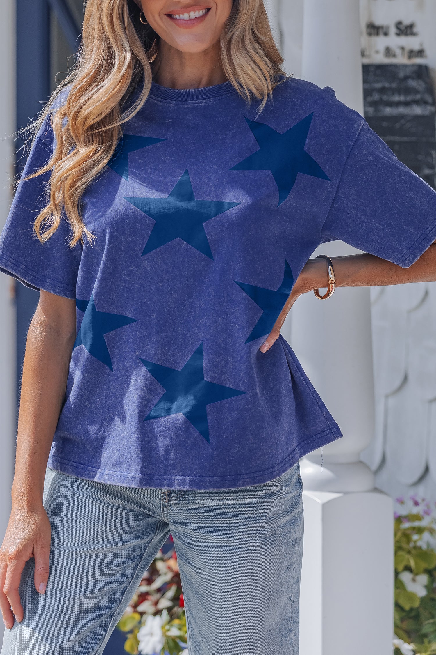 Red Independence Day Star Printed Mineral Wash T Shirt