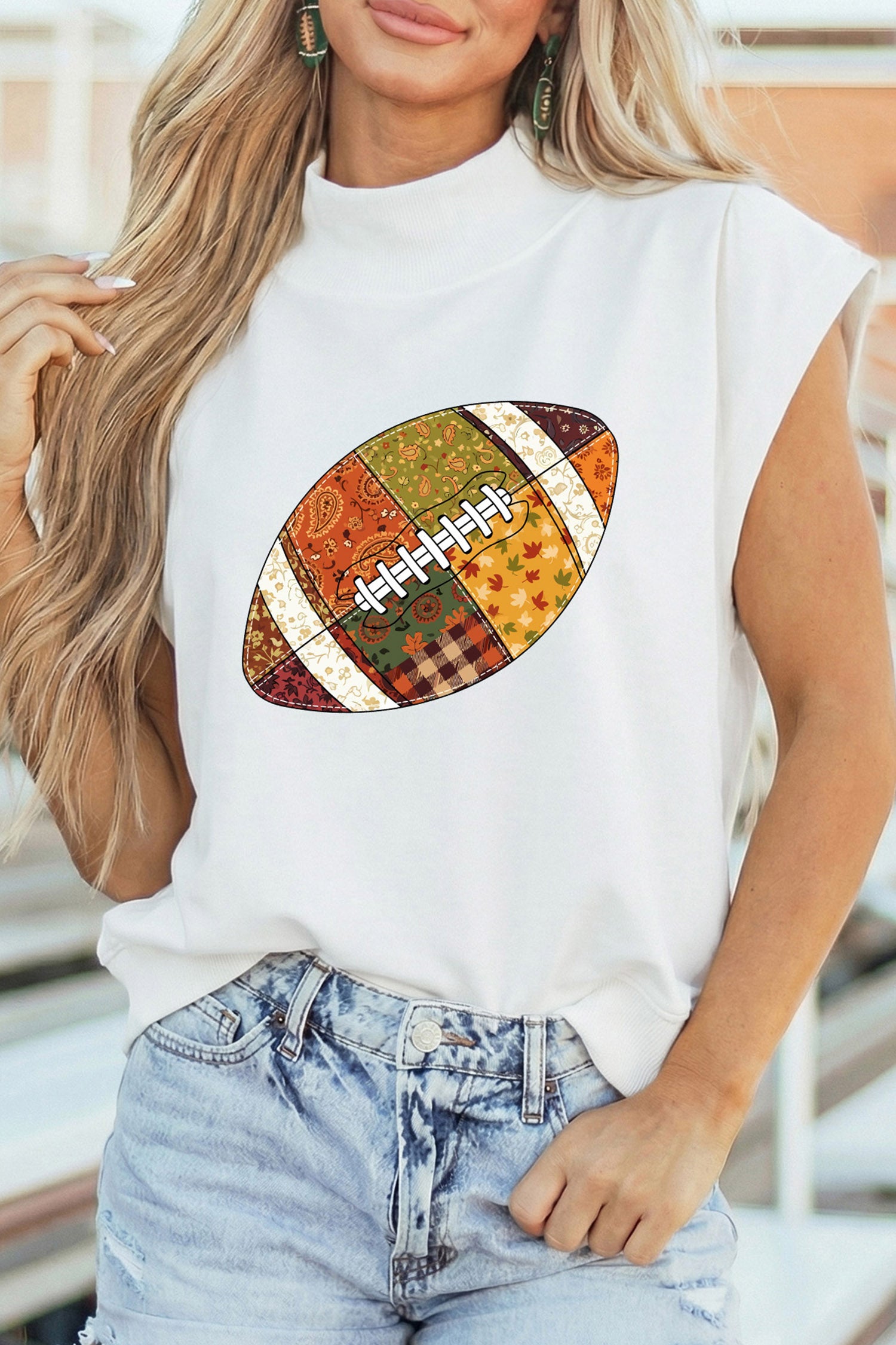 White Patchwork Rugby Print High Neck Cap Sleeve Game Day Top