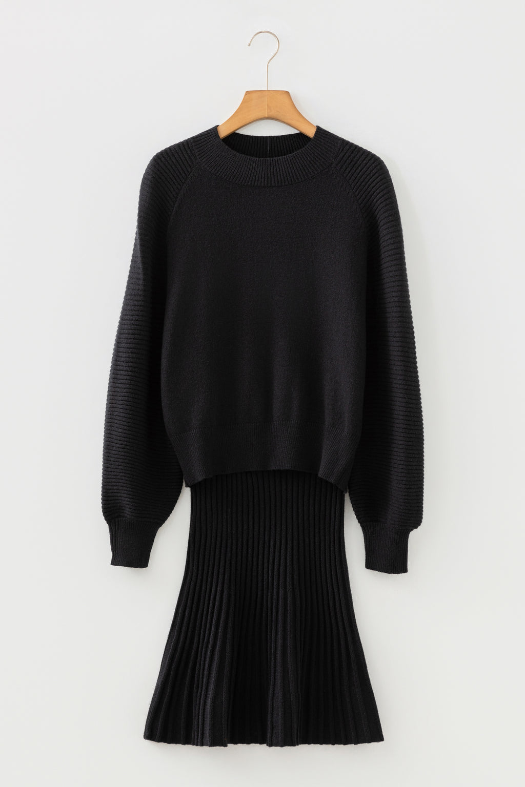 Smoke Gray Lantern Sleeve Sweater Pleated Knitted Mini Skirt Set