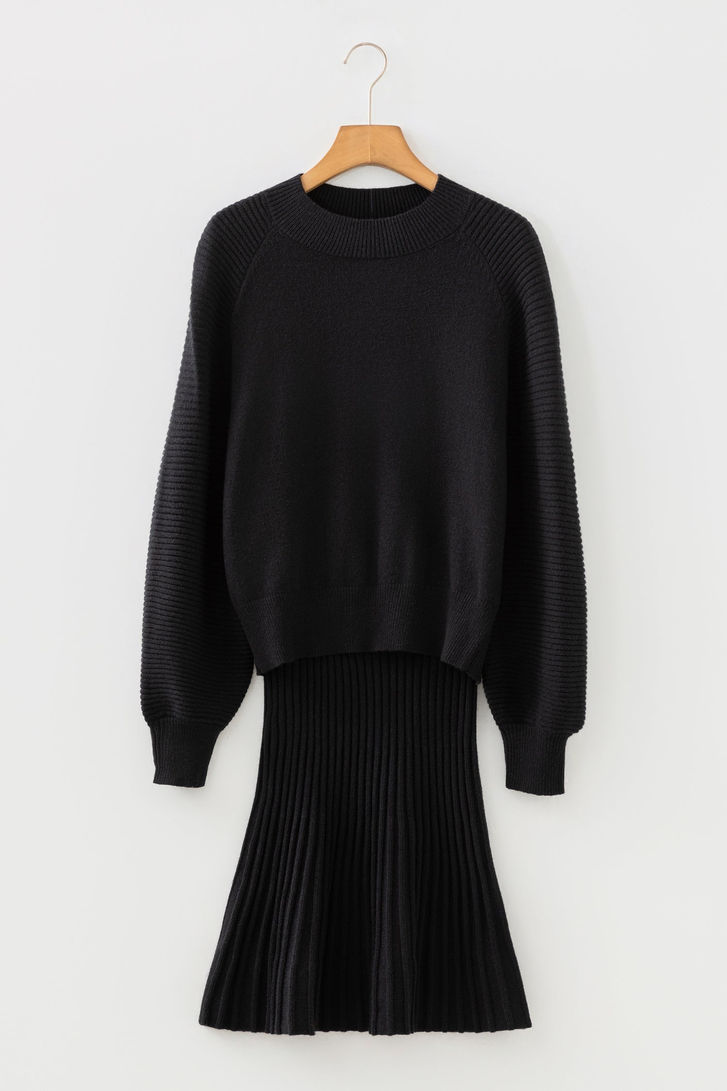 Smoke Gray Lantern Sleeve Sweater Pleated Knitted Mini Skirt Set