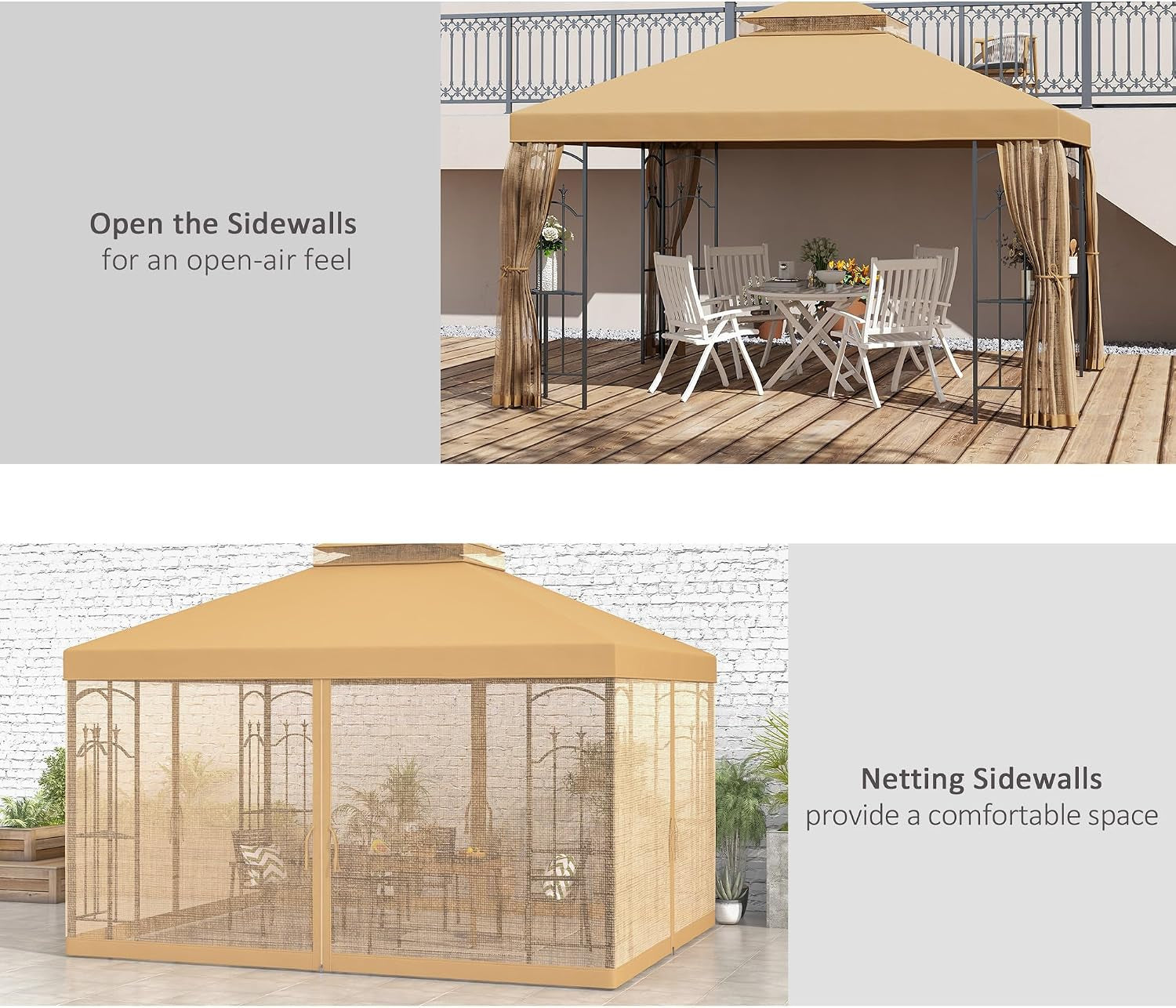 10x12 Brown Patio Gazebo Weather Resistant With Corner Shelves