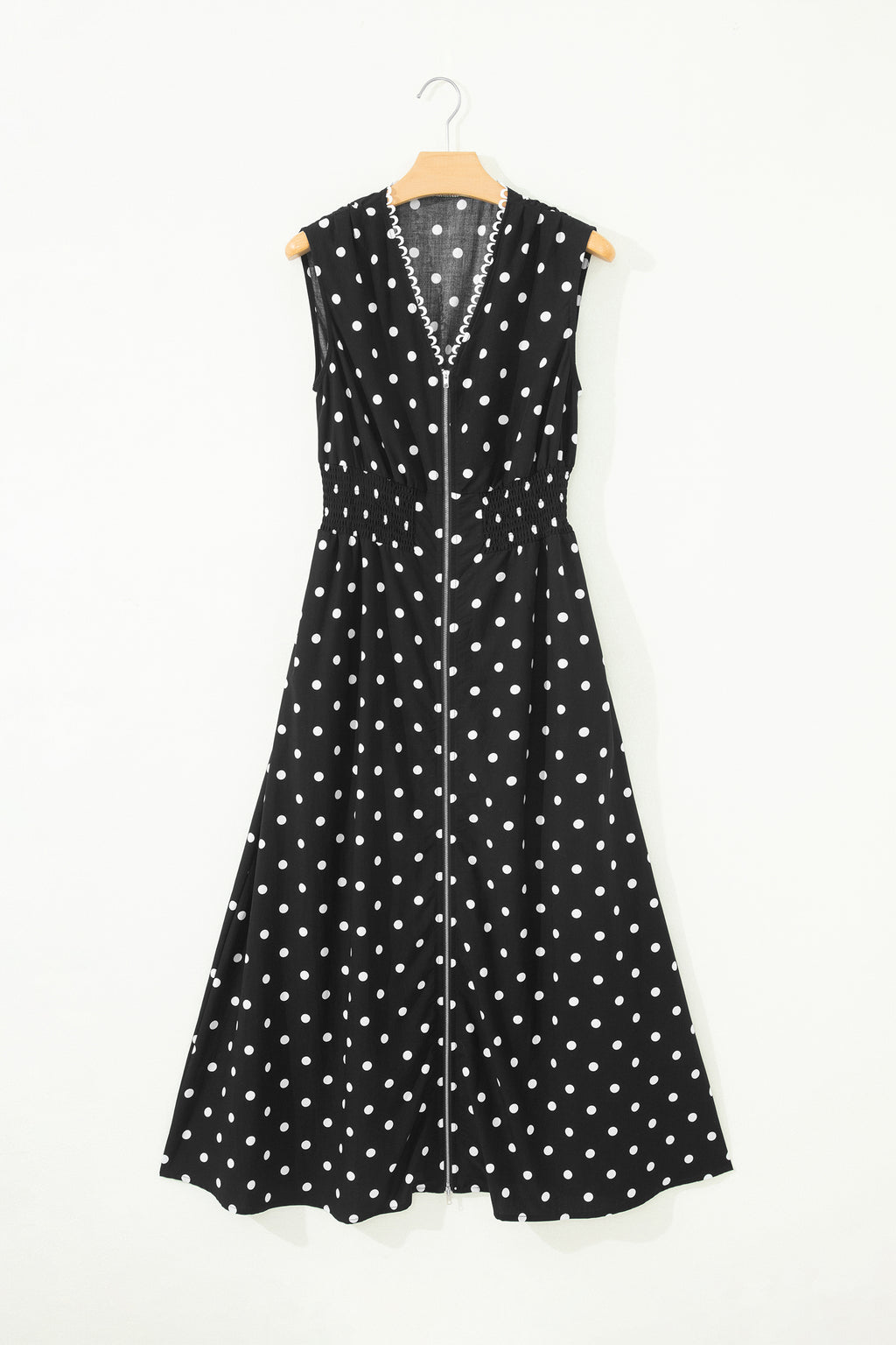 Brown Polka Dot Print Contrast Trim V Neck Zip Up Sleeveless Dress