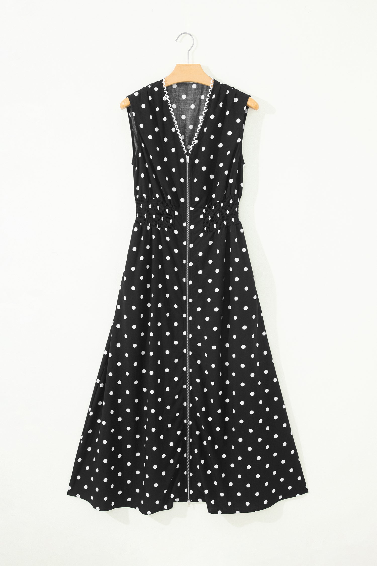 Brown Polka Dot Print Contrast Trim V Neck Zip Up Sleeveless Dress