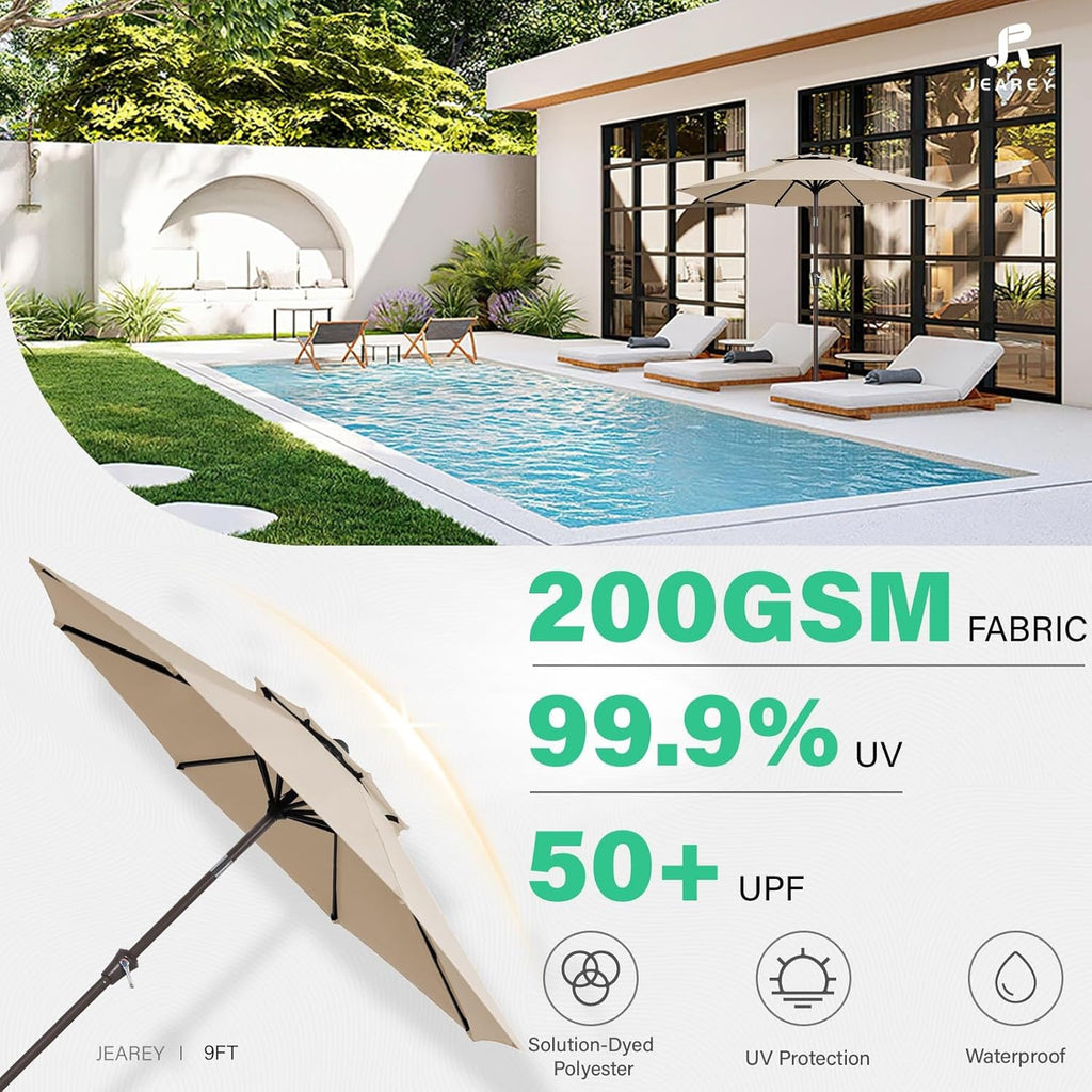 Beige Waterproof Two Tier Pushbutton Patio Umbrella