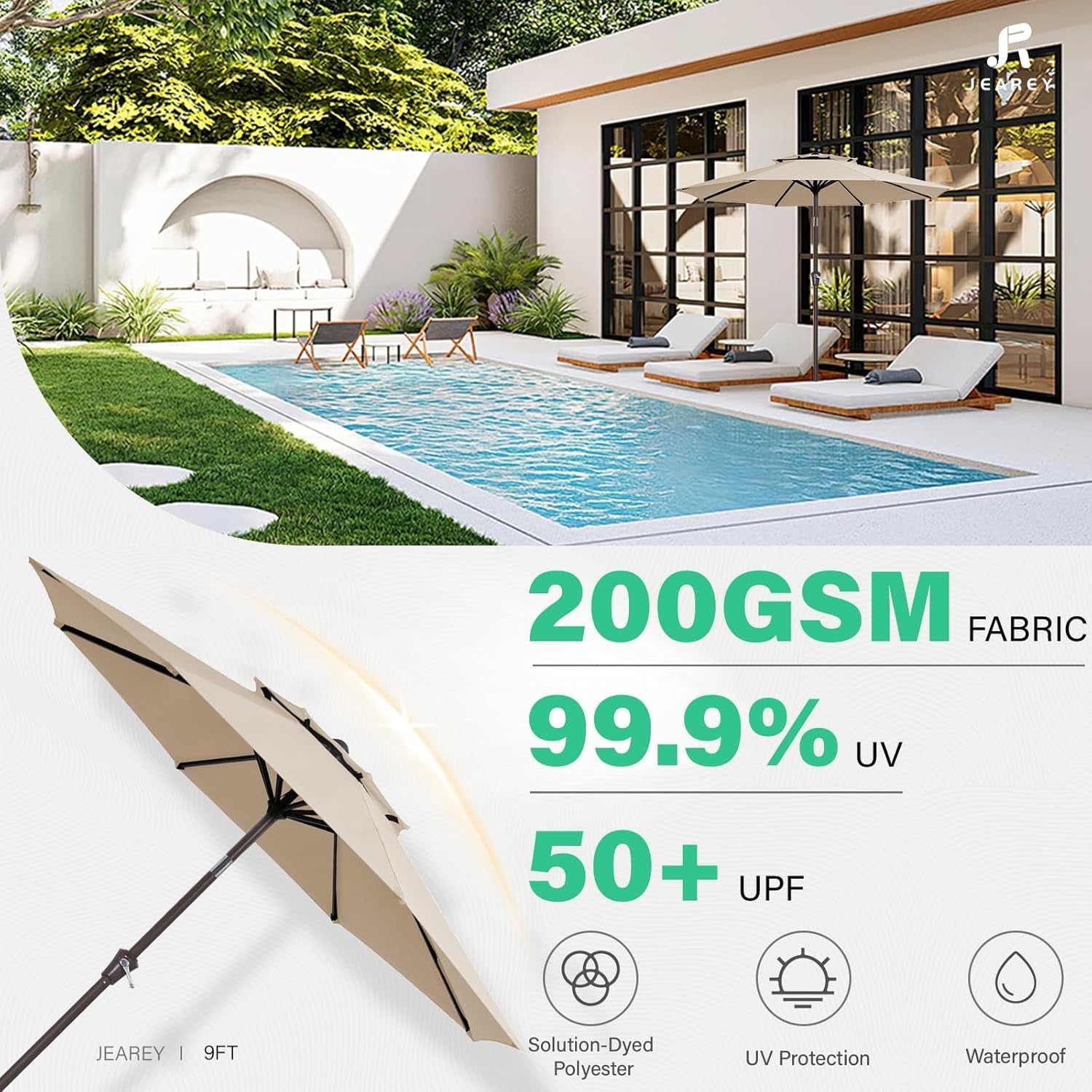 Beige Waterproof Two Tier Pushbutton Patio Umbrella