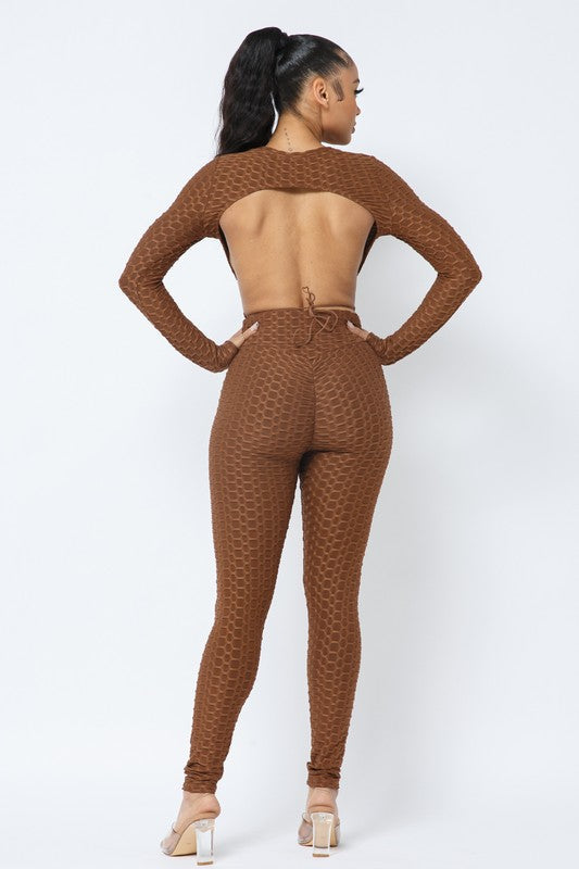 Honeycomb Open Back Leggings Set – Textured 2 Piece Outfit Rose In Concrete 🥀