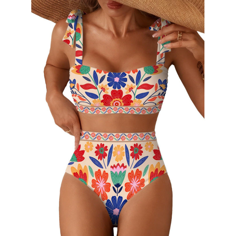 Tie-Shoulder Striped High-Waisted Bikini Set – Two-Piece Swimsuit for Women FitiqueFit