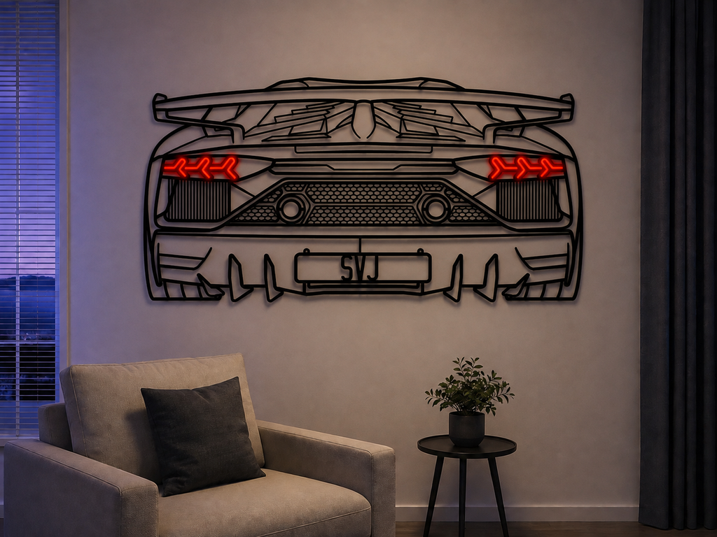 Aventador SVJ Back View Metal Neon Car Wall Art - MTN0262 Modello Turbo