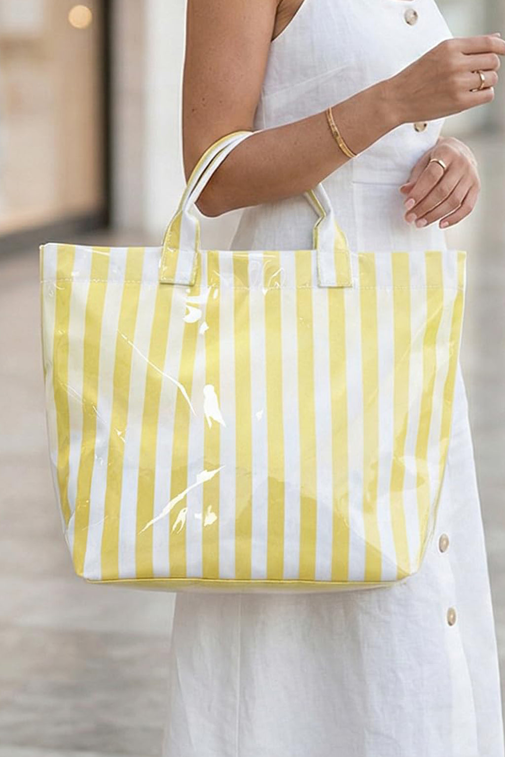 Red Glossy Striped Vinyl Large Tote Bag (Color Varied) Shewin