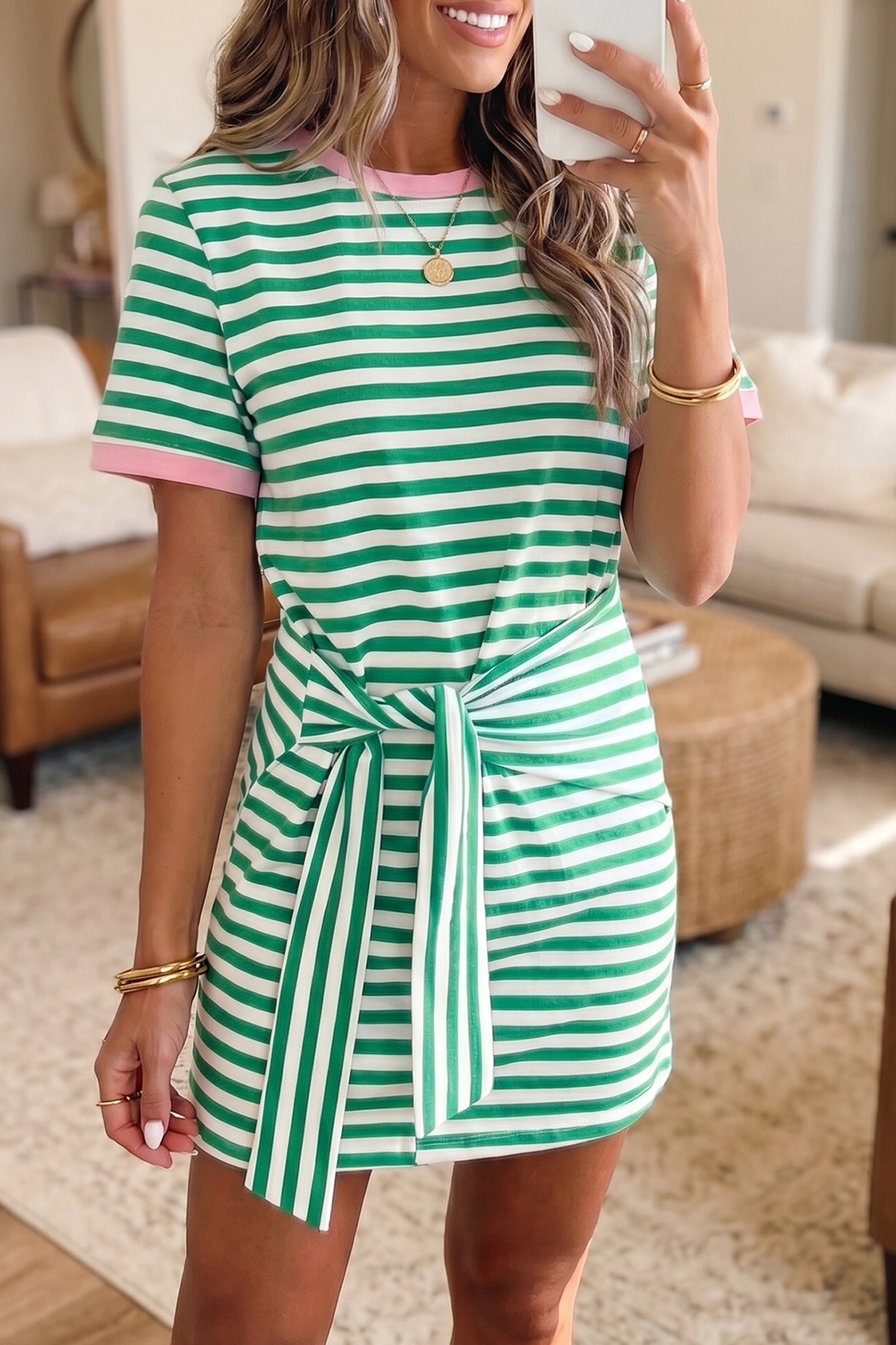 Sky Blue Stripe Nautical Tie Contrast Trim Round Neck T Shirt Mini Dress Shewin