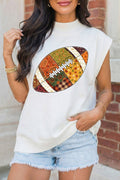White Patchwork Rugby Print High Neck Cap Sleeve Game Day Top