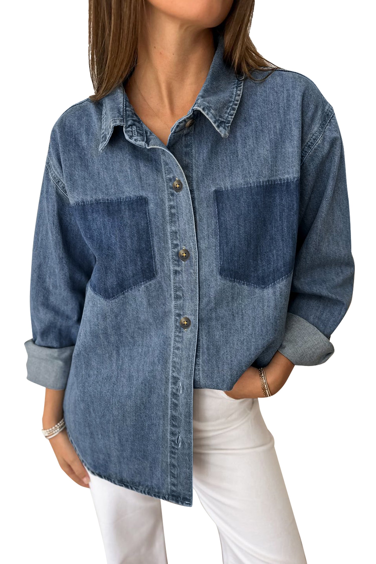 Sky Blue Color Block Pocket Detail Casual Button Down Denim Shirt