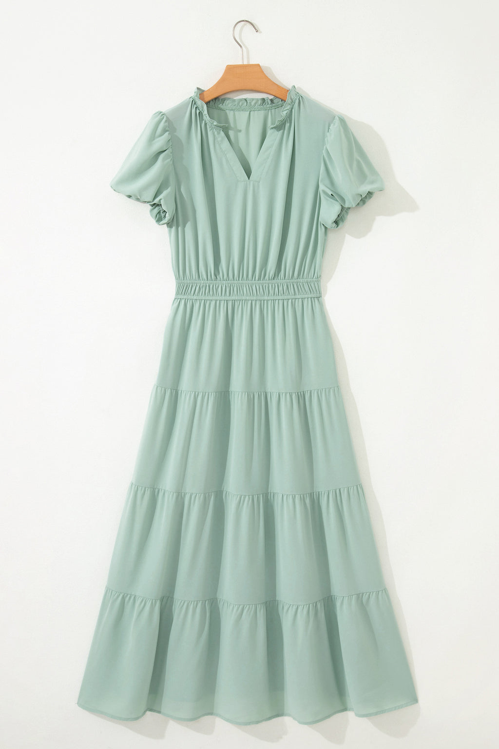 Lavendula Solid Color V Neck Short Puff Sleeve High Waist Tiered Maxi Dress
