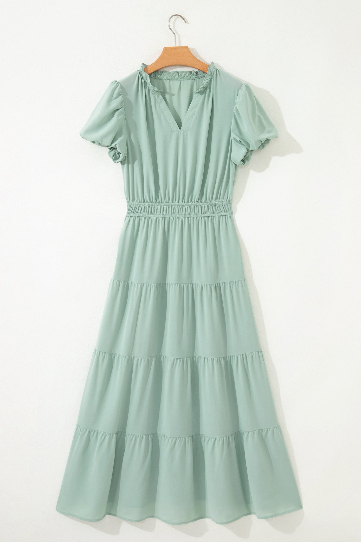 Lavendula Solid Color V Neck Short Puff Sleeve High Waist Tiered Maxi Dress