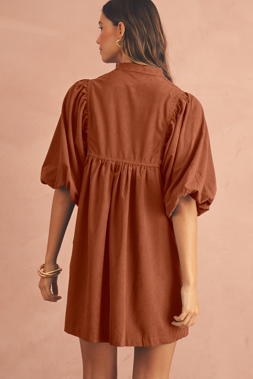 Gold Flame Light Snap Button Empire Waist Lantern Sleeve Corduroy Dress